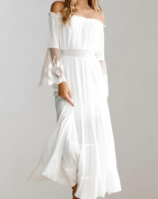 Elara - Kanten midi-jurk met lange mouwen en tailleband